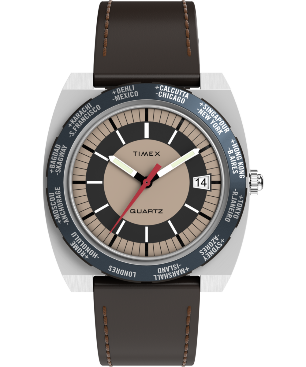 Q Timex® 1972 World Time 39mm Leather Strap Watch