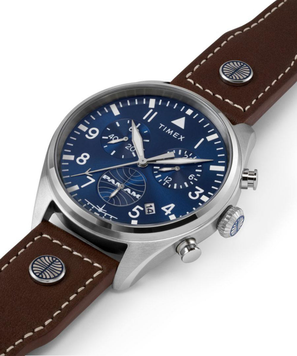 Timex X Pan Am Chronograph 42mm Leather Strap Watch